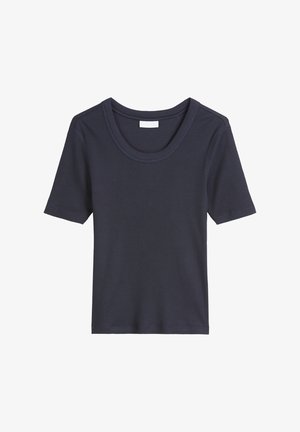 Marineblaues, geripptes T-Shirt mit kurzen Ärmeln und rundem Halsausschnitt, aus strukturiertem Stoff und mit lockerer Passform. Keine sichtbaren Verzierungen.