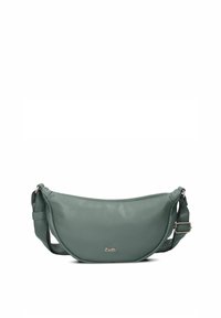 Bolso cruzado de piel verde con forma curvada, correa ajustable y detalle del logo en la parte frontal. Textura suave y diseño minimalista.