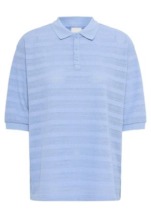 Hellblaue Polo-Shirt mit strukturiertem Streifenmuster, kurzen Ärmeln, umgeschlagenem Kragen und Knopfleiste mit drei Knöpfen. Weicher Stoff.