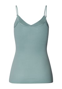 Camisola azzurra chiara con spalline sottili regolabili, scollatura a V e una consistenza liscia e morbida. Design semplice, senza motivi o accenti.