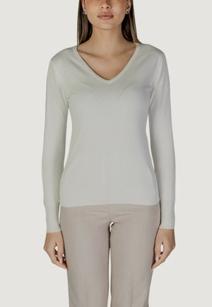 Maglione crema a scollo a V con maniche lunghe, polsini a costine e una vestibilità aderente, abbinato a pantaloni beige chiaro. Texture a maglia liscia.