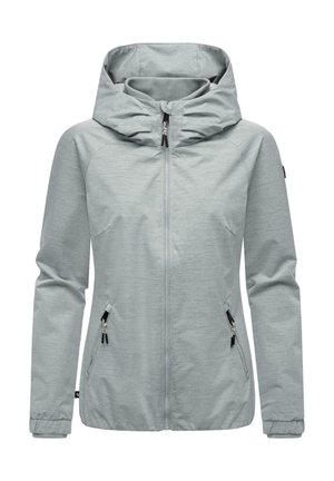 Light gray, hooded jacket made of textured fabric, featuring a front zipper and two side zip pockets. Elasticized cuffs and hem.
