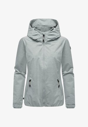 Vaaleanharmaa huppari, joka on valmistettu teksturoidusta kankaasta. Siinä on edessä vetoketju ja kaksi sivutaskua vetoketjulla. Höyhenpehmeät hihansuut ja helma.