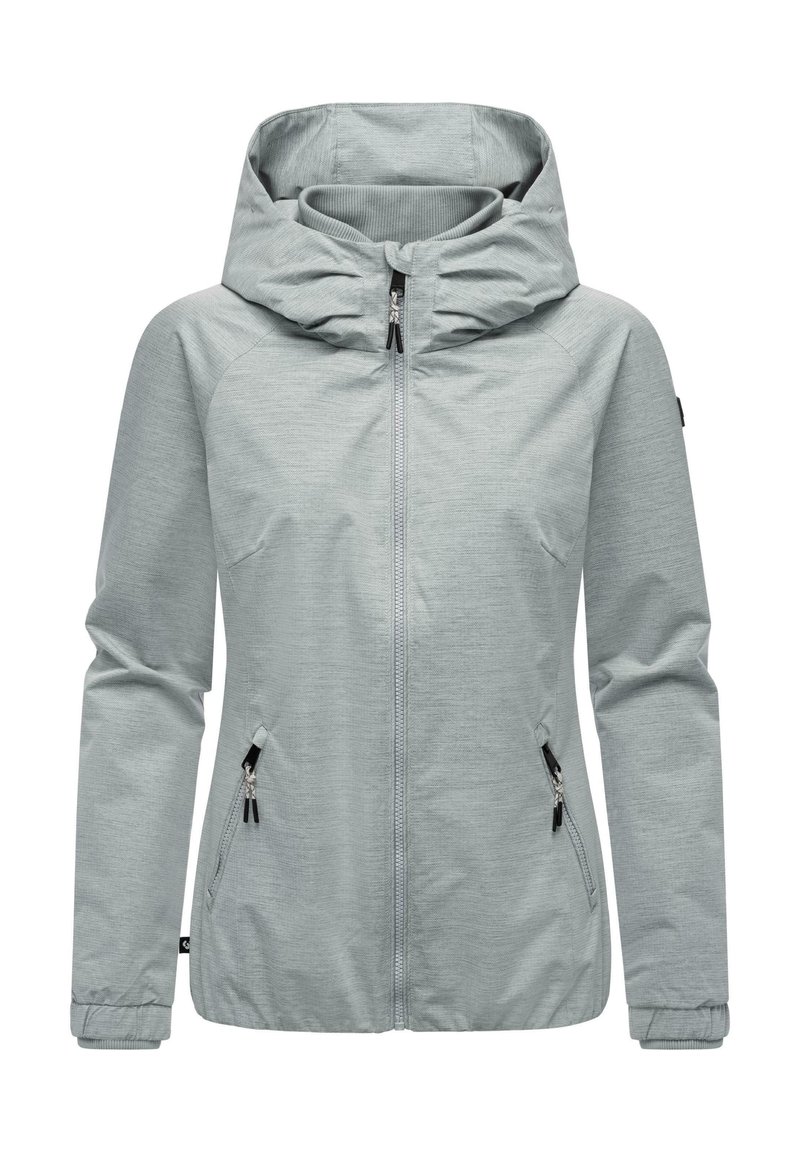 Lys grå hettegenser laget av teksturert stoff, med frontglidelås og to sidelommer med glidelås. Elastiske mansjetter og kant.