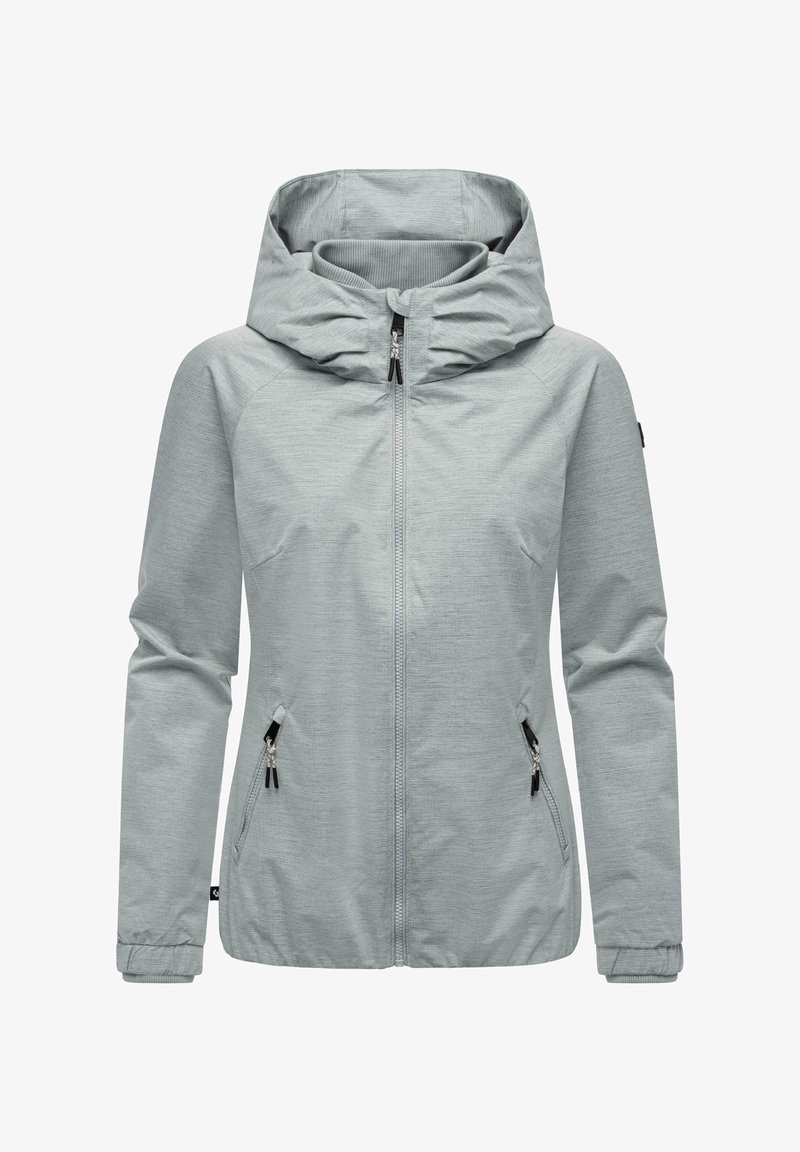 Lys grå hettegenser laget av teksturert stoff, med frontglidelås og to sidelommer med glidelås. Elastiske mansjetter og kant.