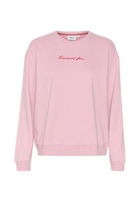 Sudadera rosa de mangas largas, cuello redondo y puños acanalados. Presenta un bordado en color rojo que dice "l'amour fou". Textura de tela suave.