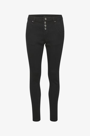 Mustad kõrge talje ja viie nupuga sulgemisega mustad skinny teksad esipocketitega. Valmistatud venivast materjalist, et saavutada figureeriv välimus.