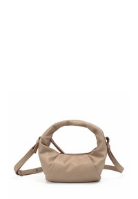 Beige zachte leren handtas met een afgeronde handgreep aan de bovenkant, verstelbare schouderriem en een subtiel geperst "Les Visionnaires" logo.