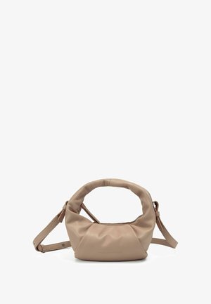 Beige zachte leren handtas met een afgeronde handgreep aan de bovenkant, verstelbare schouderriem en een subtiel geperst "Les Visionnaires" logo.