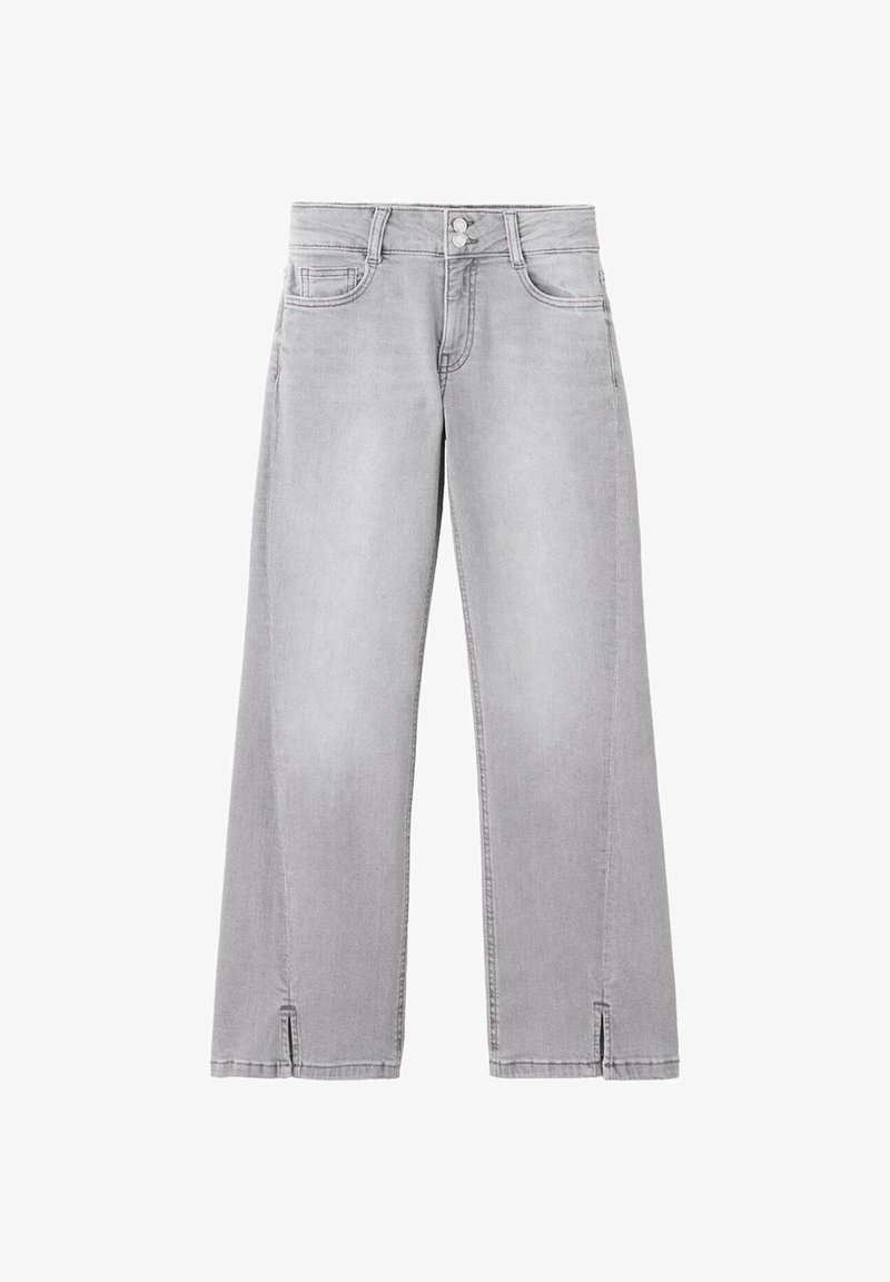 Jean en denim gris clair avec une coupe droite, deux poches avant, fermeture par boutons, et petites fentes en bas de chaque jambe.