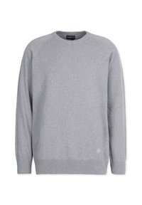 Helles graues Sweatshirt aus weichem Material, mit Rundhalsausschnitt, langen Ärmeln sowie gerippten Bündchen und Saum. Logodetail in der unteren Ecke.