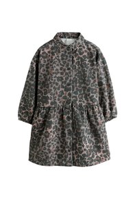 Haljina s dugim rukavima ukrašena sivim i ružičastim uzorkom leoparda, s prednjim gumbima, naboranim strukom i elastičnim manžetama. Pamuk od meke teksture.
