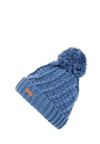 Knitted blue beanie featuring a textured pattern, a ribbed band, and a fluffy pom-pom on top; includes a small branded leather accent.
