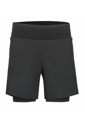 Pantaloncini sportivi neri a strati con una fascia elastica larga in vita e uno strato interno aderente che si estende al di sotto dei pantaloncini esterni.