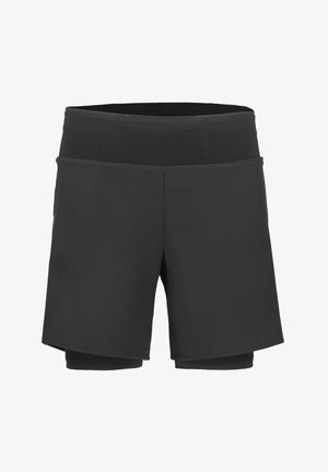Schwarze, mehrlagige Sportshorts mit einem breiten elastischen Bund und einer eng anliegenden inneren Schicht, die unter den äußeren Shorts hervorsteht.