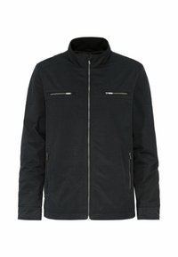 Czarna kurtka z stojącym kołnierzem, z przodu zapinana na zamek, z dwiema górnymi kieszeniami na zamek i dwiema dolnymi kieszeniami bocznymi. Wykonana z gładkiego, teksturowanego materiału.