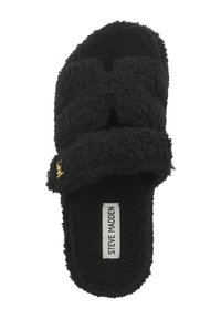 Infradito neri e pelosi con due ampie cinghie testurizzate. Presentano un materiale morbido e soffice e un’etichetta con la scritta "STEVE MADDEN" stampata in bianco.