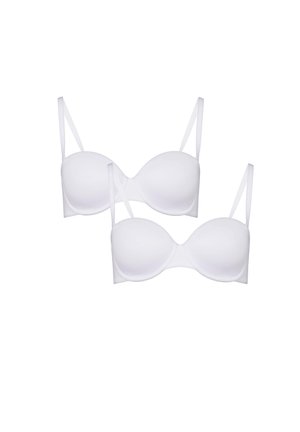 Two white padded bras with adjustable straps, smooth texture, and seamless design featuring a subtle curve at the center for support.