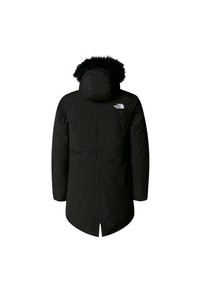 Μαύρο μονωμένο παλτό με κουκούλα επενδεδυμένη με ψεύτικη γούνα, με λεία υφή, ευθεία γραμμή και λογότυπο στο πάνω μέρος της πλάτης.