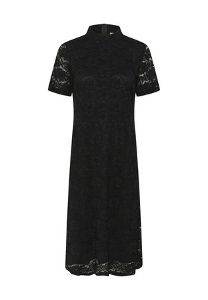 Vestido de encaje negro con cuello alto y mangas cortas. La tela tiene un estampado floral con una capa transparente y una silueta recta.