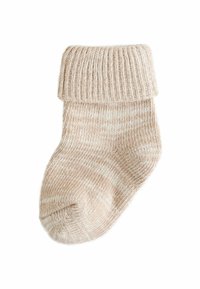 Beige gestrickte Socke mit umgeschlagenem Bund, ausgestattet mit einem strukturierten Muster und subtilen Streifen, aus einem weichen, kuscheligen Material.