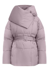 Lys lilla pufferjakke med bælte i taljen, oversized krave og sidelommer. Fremstillet af quiltet, glat stof med et moderne silhuet.