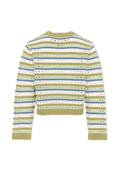 Vista posteriore di maglione a righe lavorato a maglia con fori orizzontali in verde, blu, beige e bianco, con polsini e orlo a coste.