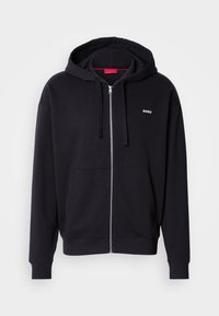 Černá bavlněná mikina na zip s klokánkovou kapsou, šňůrkami, žebrovanými manžetami a malým bílým logem "HUGO" na hrudi.