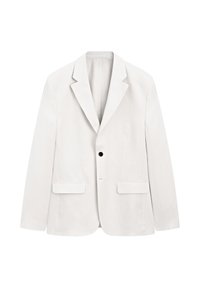 Weißes Blazer aus glattem Stoff mit Reverskragen, einem einzelnen schwarzen Knopf und zwei vorderen Taschen. Minimalistisches Design, taillierter Schnitt.