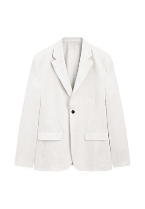 Witte blazer gemaakt van een gladde stof met notched revers, een enkele zwarte knoop en twee voorzakken. Minimalistisch ontwerp, getailleerde pasvorm.