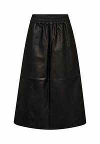 Zwarte leren rok met een elastische tailleband, met een vloeiende, A-lijn silhouet, een gladde textuur en zichtbare naaddetails op de panels.
