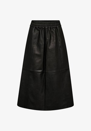 Schwarzer Lederrock mit elastischem Bund, angedeuteter A-Linie, glatter Textur und sichtbaren Nahtdetails an den Paneelen.