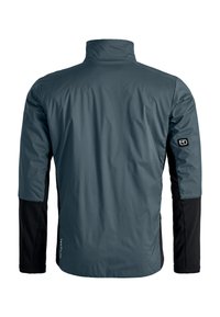 Herrenjacke, wasserdichtes Material, einfarbiger dunkelblauer Körper mit schwarzen Ärmeln. Hoher Kragen, elastische Bündchen und dezente Logo-Akzentuierung am Ärmel.