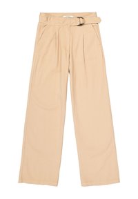 Licht beige wijde pantalon met een geplooide voorkant, riemlussen en een afneembare riem. Bevat zijzakken en heeft een soepele stoftextuur.
