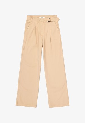 Licht beige wijde pantalon met een geplooide voorkant, riemlussen en een afneembare riem. Bevat zijzakken en heeft een soepele stoftextuur.