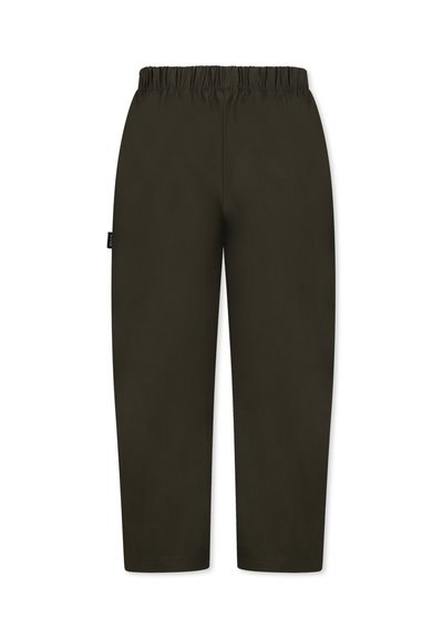 Donkergroene joggingbroek met een elastische tailleband, een gladde textuur en rechte pijpen. Geen zichtbare zakken of patronen.