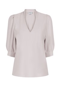 Lichtroze blouse met een V-hals, korte pofmouwen en een relaxte pasvorm. Gemaakt van een soepele stof, met subtiele plooien bij de borst.