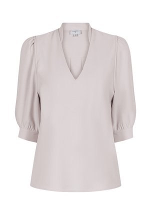 Lichtroze blouse met een V-hals, korte pofmouwen en een relaxte pasvorm. Gemaakt van een soepele stof, met subtiele plooien bij de borst.