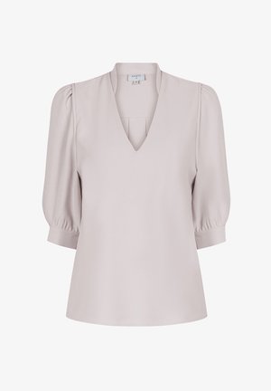 Lichtroze blouse met een V-hals, korte pofmouwen en een relaxte pasvorm. Gemaakt van een soepele stof, met subtiele plooien bij de borst.