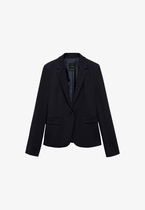 Čierny blejzer vyrobený z hladkej látky, s prispôsobeným strihom, jedného gombíka na zapínanie, dvoma prednými vreckami a dizajnom s vykrojeným golierom.