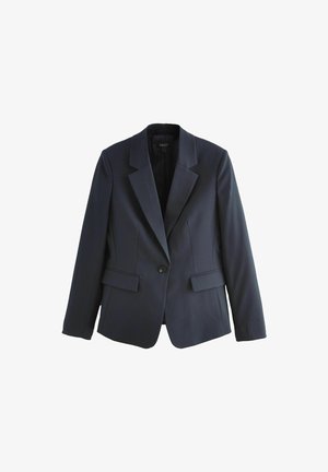 Navy blazer in a tailored design with a single button closure, two front pockets, and notched lapels. Smooth fabric and structured silhouette.
