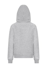 Grå hættebluse med en glat tekstur, ribbede manchetter og kant, samt en stor hætte. Bagsiden har et minimalistisk design uden synlige sømme.