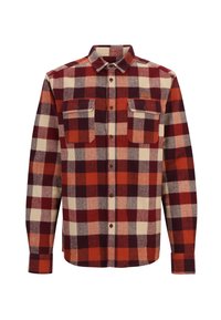 Langärmliges Button-Up-Flanellhemd mit rot, orange, creme und burgunderfarbenem Karomuster, ausgestattet mit zwei geknöpften Brusttaschen.