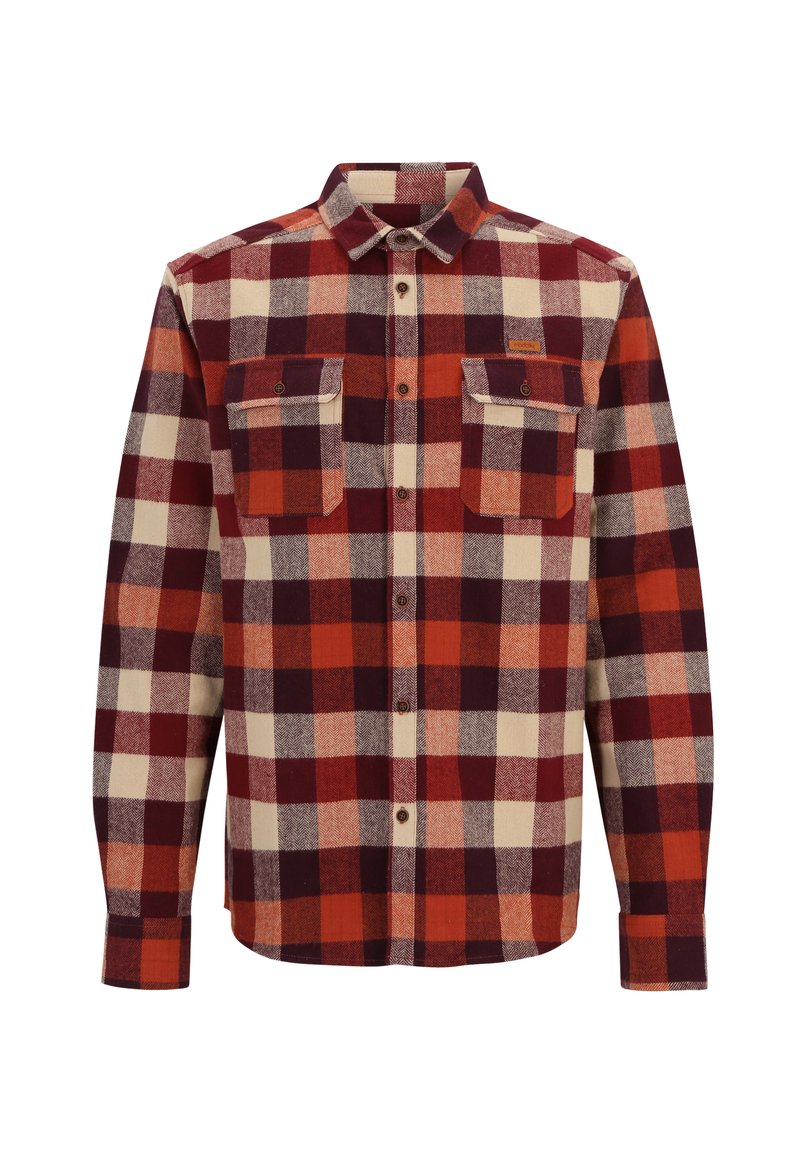 Langärmliges Button-Up-Flanellhemd mit rot, orange, creme und burgunderfarbenem Karomuster, ausgestattet mit zwei geknöpften Brusttaschen.