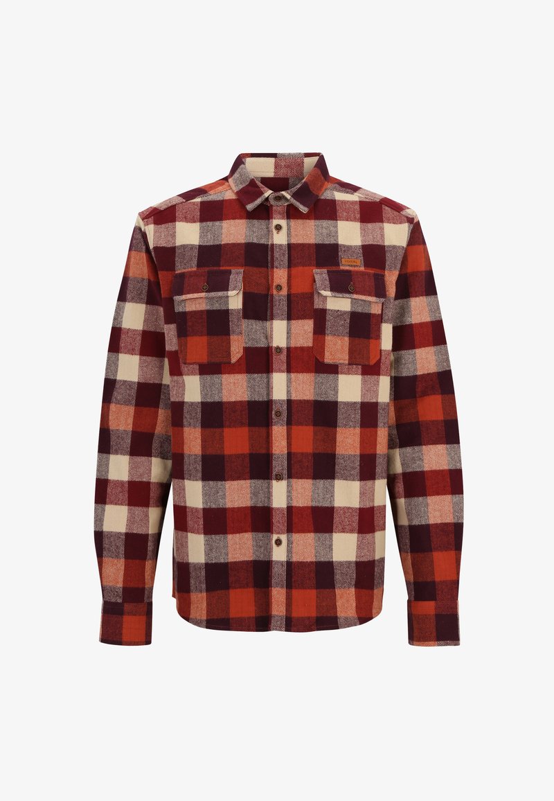 Langärmliges Button-Up-Flanellhemd mit rot, orange, creme und burgunderfarbenem Karomuster, ausgestattet mit zwei geknöpften Brusttaschen.