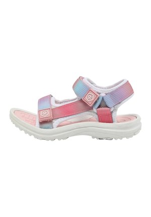 Justerbar sandal med en hvid og pastel gradient stroppedesign, bløde materialer, tekstureret ydersål og lyserøde accenter.
