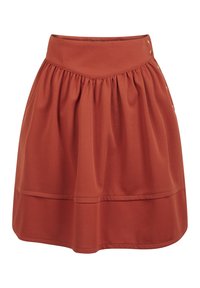 Rostorange, knälång kjol i texturerad kvalitet med en åtsittande midja och veckad design. Har dekorativ hårdvara på sidan.