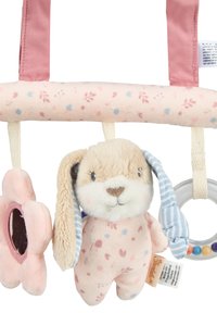 Soft plush hanging toy with a bunny, pink floral fabric, striped accents, and a flower-shaped mirror. Features a colorful ring for interaction.