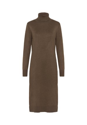 Ruda megzta suknelė su aptemptu kaklu, ilgomis rankovėmis ir tiesia siluetu. Riboje ir apačioje yra raukinių, suteikiančių tekstūrą. Be raštų ar puošmenų.