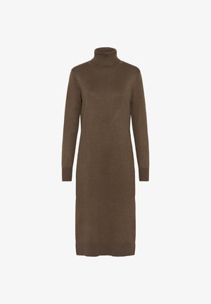 Brown knitted dress with a turtleneck, long sleeves, and a straight silhouette. Ribbed cuffs and hem add texture. No patterns or embellishments.